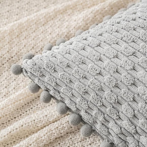Pompom Grey Stripe Texture Corduroy Farmhouse Cute Luxury Soft Pillow Cover Set - Picture 3 of 7